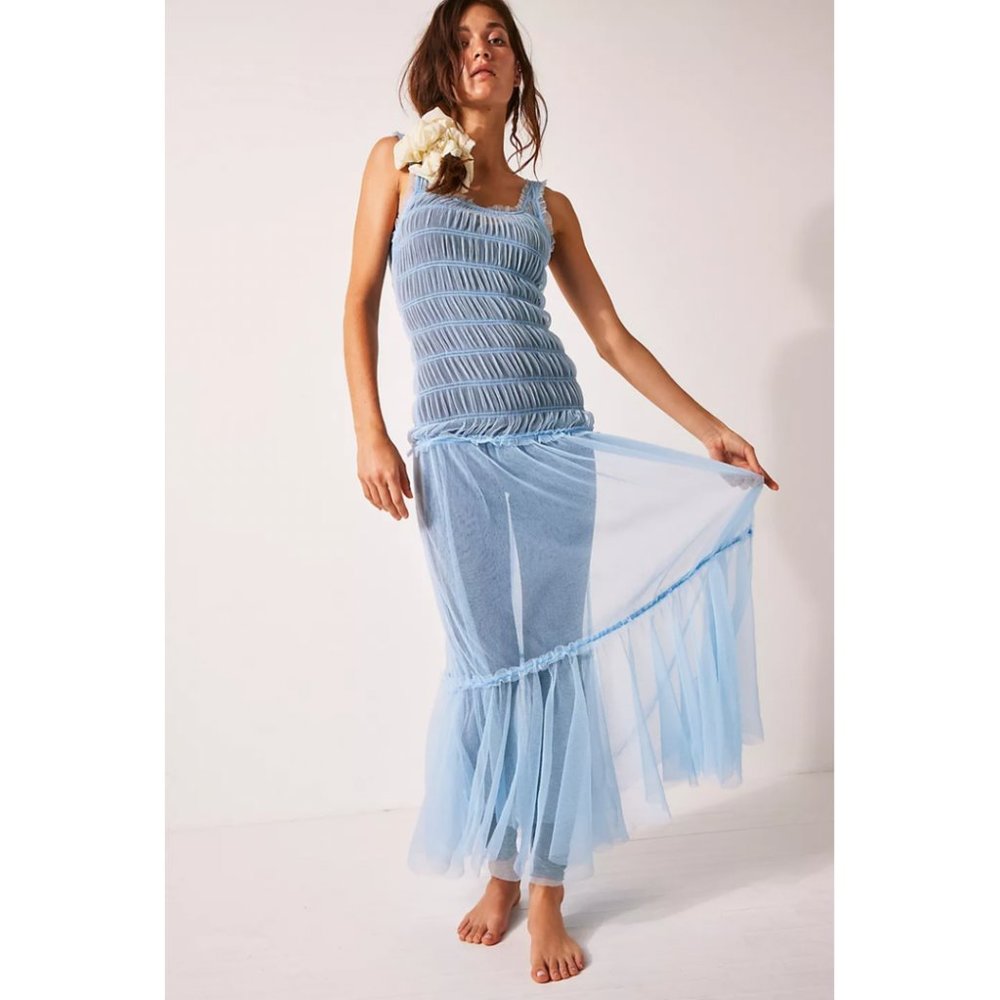 NWT Free People Smock About It Slip Dress โ Blue "Lake Life" Small | Sheer Maxi - Picture 4 of 8